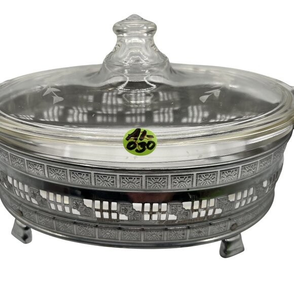 Pyrex 1.5qt Vintage Oval Glass Casserole Dish Etched Silver Plated Footed Holder - Picture 16 of 16